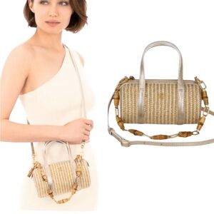NEW Eric Javits Metallic Gold Straw Squishee Mini  Barrel Clutch Crossbody Bag